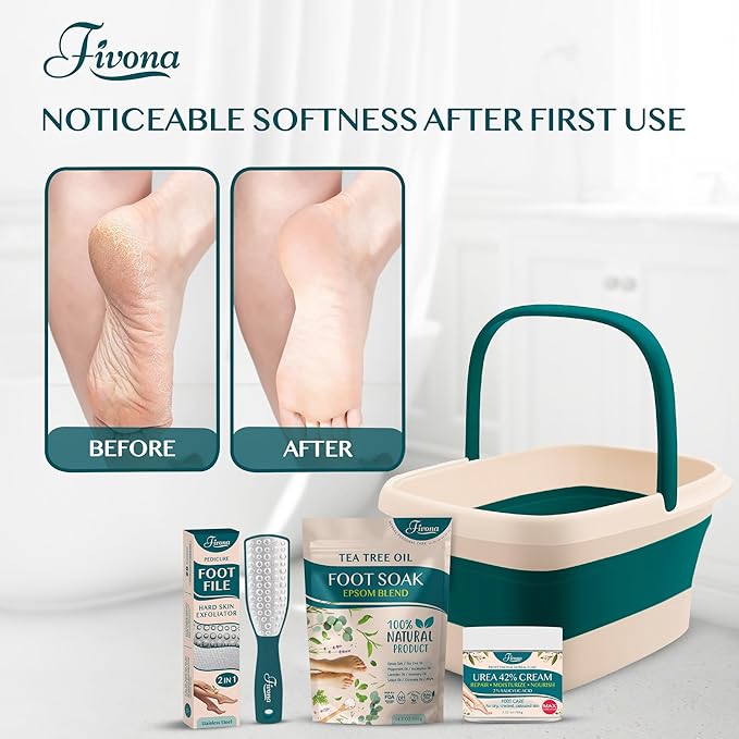 Fivona Foot Care Kit 4 in 1 - Foot Soak Blend with Epsom Salt, Tea Tree and Essential Oils - Collapsible Foot Soak Basin - 42% Urea Cream for Hard, Calloused Skin - Dual Action Foot File