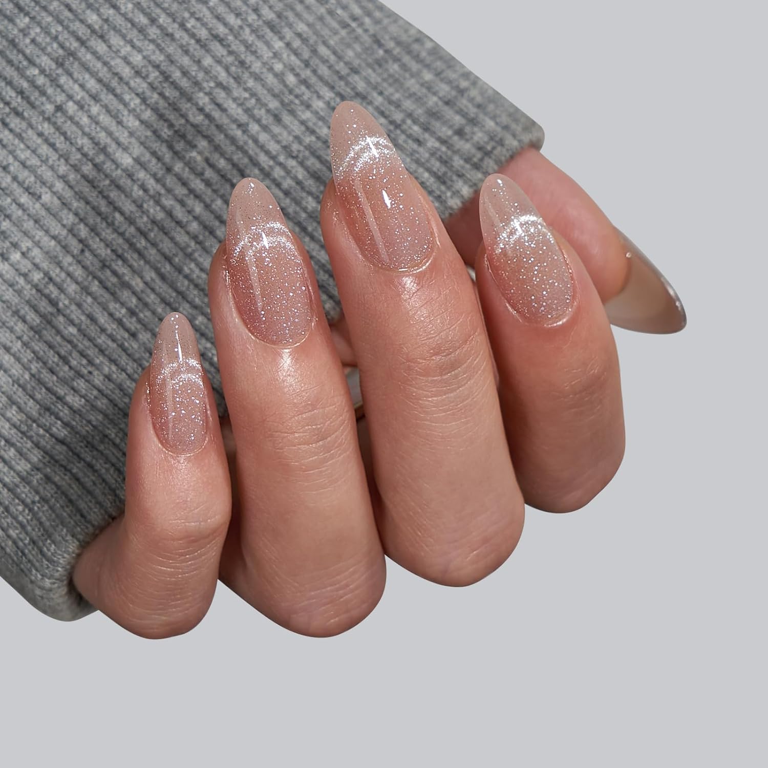 BTArtbox Almond Press On Nails Medium - Lamp-Curable Cat Eye Press On Nails with Glue for Women, Semi-Transparent Soft Gel Glue On Nails in 15 Sizes - 30 Stick On Nails Kit, Sunlit Shimmer