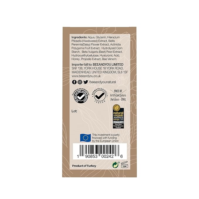 BEE and YOU Eye Serum, Anti Aging, Anti Wrinkle Serum 100% Natural with Bee Venom, Propolis Extract, Raw Honey, Hyaluronic Acid, For Dark Circles Under Eye Treatment and Puffiness, Skin Care, 15ml