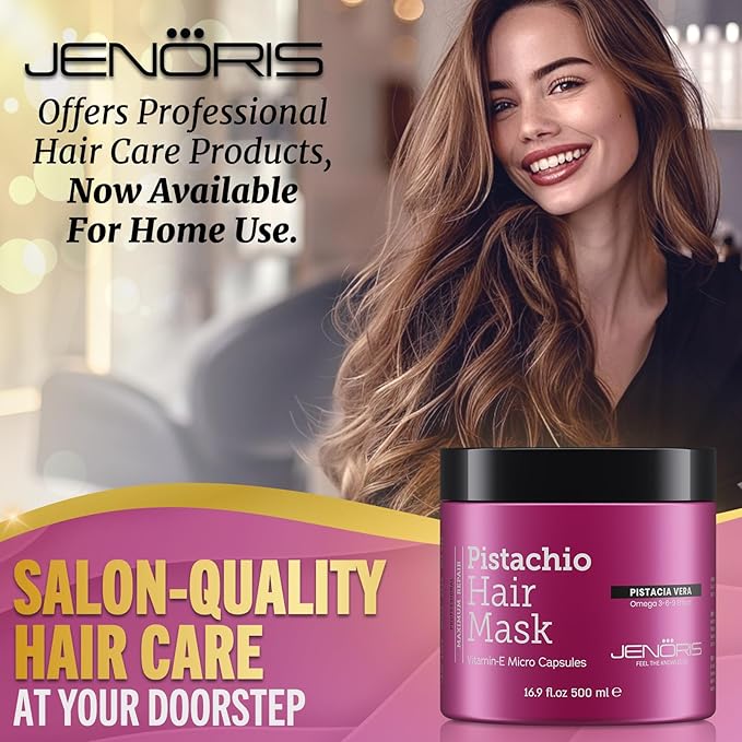 Jenoris Pistachio Hair Mask for Dry Damaged Hair – Deep Conditioning Hair Mask Treatment with Pistachio Oil & Vitamin E, For Color-Treated Hair, For Hair Repair, Paraben & Salt Free, 16.9 Fl Oz