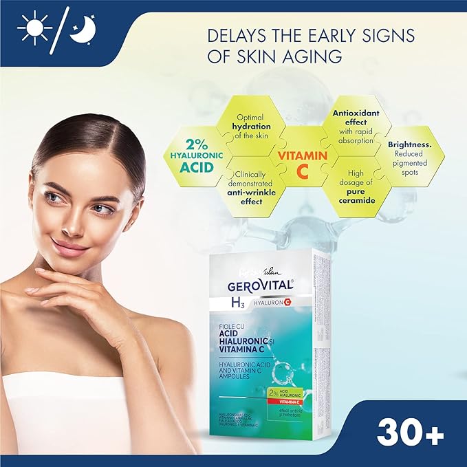 GEROVITAL HYALURON C Hyaluronic Acid Serum for Face with Vitamin C, Intensive Anti-Wrinkle Face Treatment, Hydrating, Face Moisturizer, for Normal, Mixed, Dry Skin, 10 vials x 2 ml