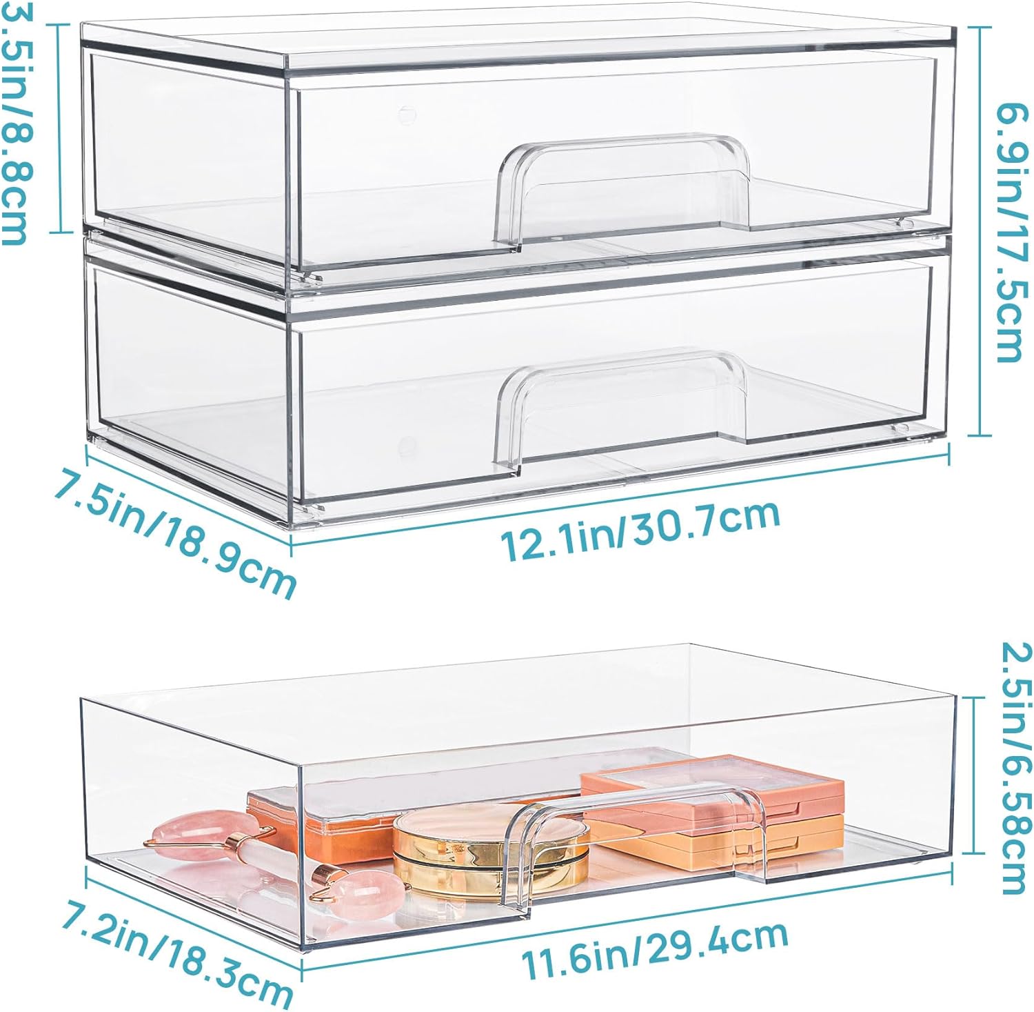 Vtopmart 12.1''W Clear Stackable Storage Drawers,6 Pack Acrylic Plastic Organizers Bins for Makeup Palettes, Cosmetics, and Beauty Supplies,Ideal for Vanity, Bathroom,Cabinet,Desk Organization