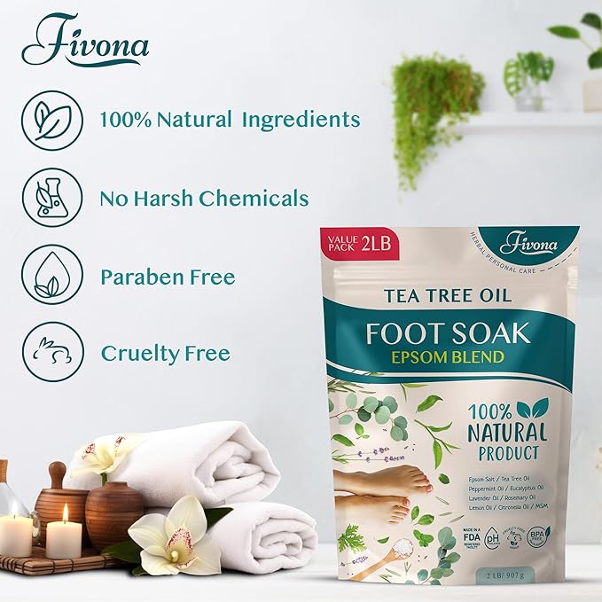 Foot Soak Epsom Salt with Tea Tree Oil 2 LB - Epsom Salt with Essential Oils for Healthy Toenails, Soothing Relief, Callus Softening - Pedicure Therapy for Soft, Rejuvenated Feet