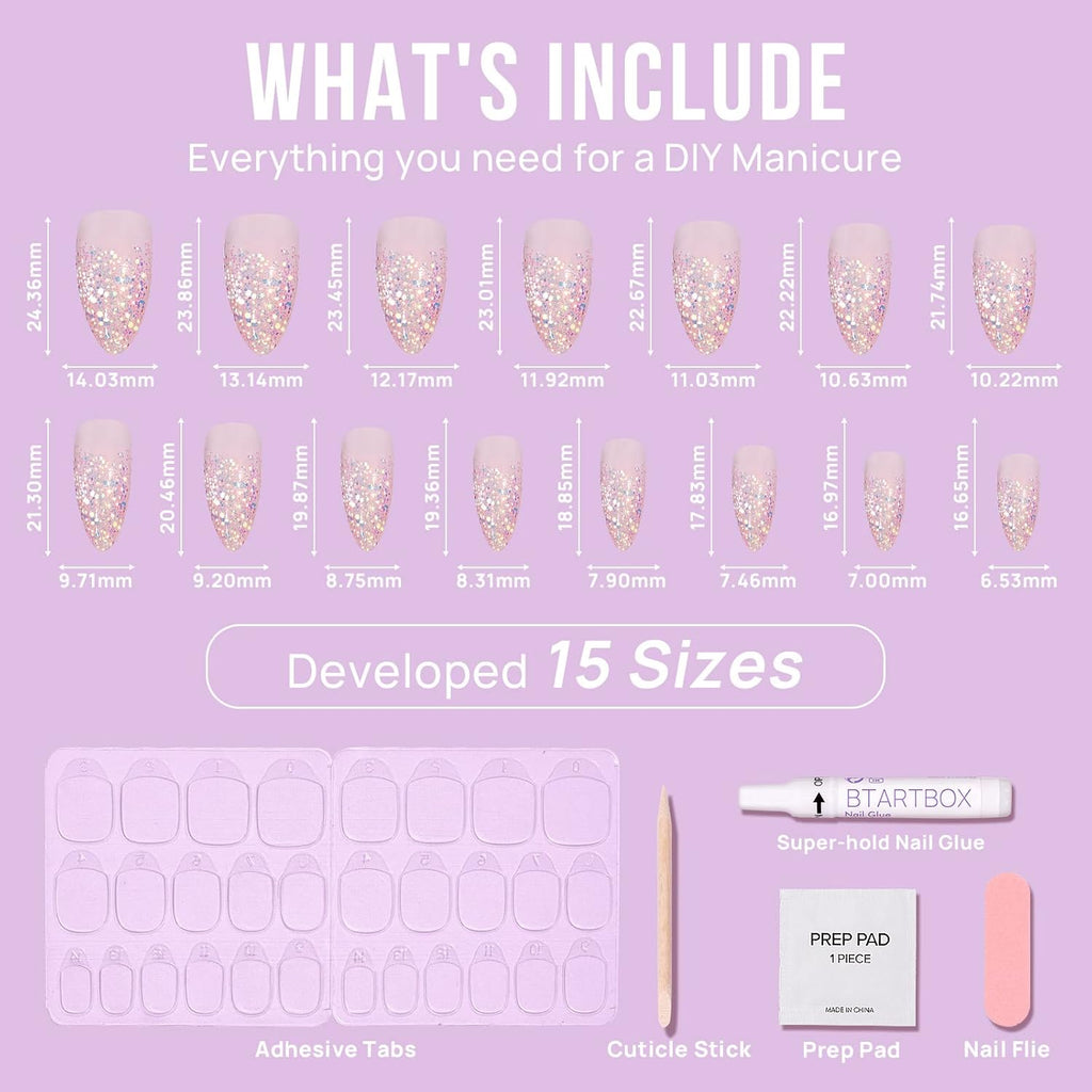 BTArtbox Press On Nails Medium- Christmas Supremely Fit & Natural Soft Gel Glue On Nails with Nail Glue, Reusable Stick On Nails in 15 Sizes - 30 Fake Nails Kit, Pink Sparkle