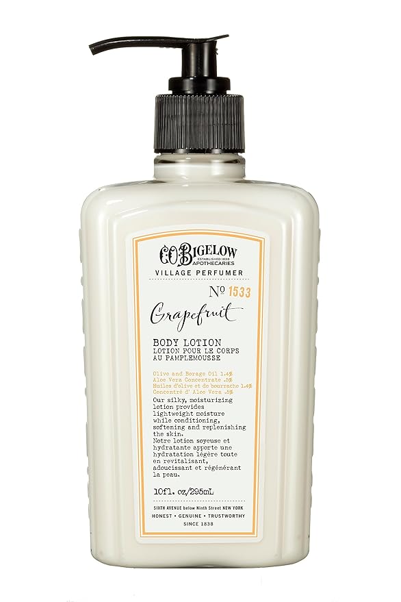 C.O. Bigelow Grapefruit Body Lotion for Women and Men, Village Perfumer Lotion with Olive Oil, Borage Oil, and Aloe Vera Concentrate, 10 fl oz