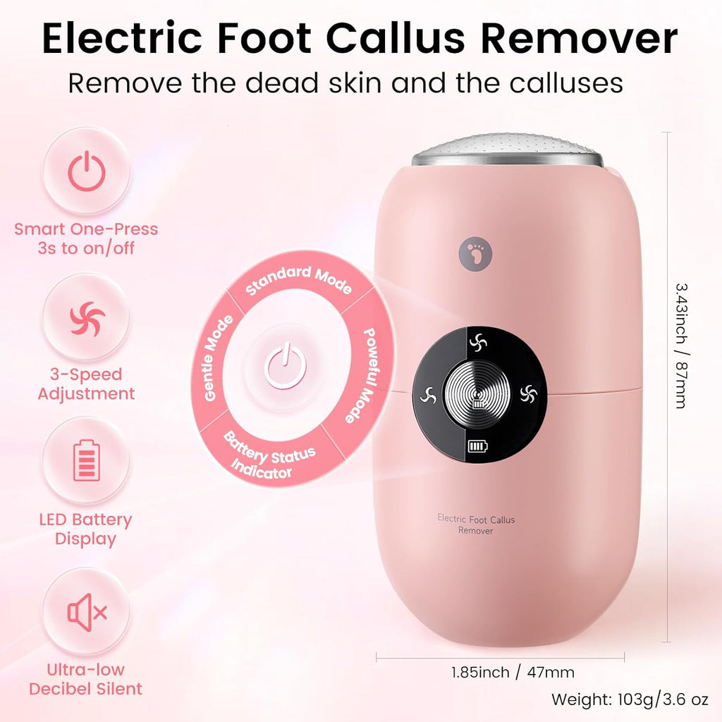 Quaferen Foot Callus Remover Electric Callus Remover for feet Rechargeable Foot File Pedicure Tools with Stainless Steel Head IPX6 Waterproof Foot Scrubber for Dead Hard Cracked Dry Skin (Pink)