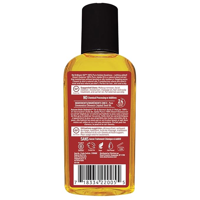 Desert Essence 100% Pure Jojoba Oil – 2 Fl Oz Moisturizer for Hair, Skin & Scalp | Makeup Remover & Aftershave Hydrator, Non-GMO, Vegan, Cold-Pressed, Anti-Flakiness & Non-Clogging Beauty Elixir