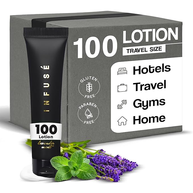 Infuse Black Hotel Toiletries Bulk | 1 oz Lotion Travel Size | For Hotels, Vacation Rentals, Gym, Luxury, Airport | Case of 100