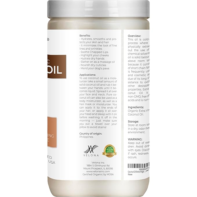 Velona USDA Certified Organic Coconut Oil Extra Virgin - 32 fl oz | Food and Cosmetic Grade | in jar | Extra Virgin, Cold Pressed