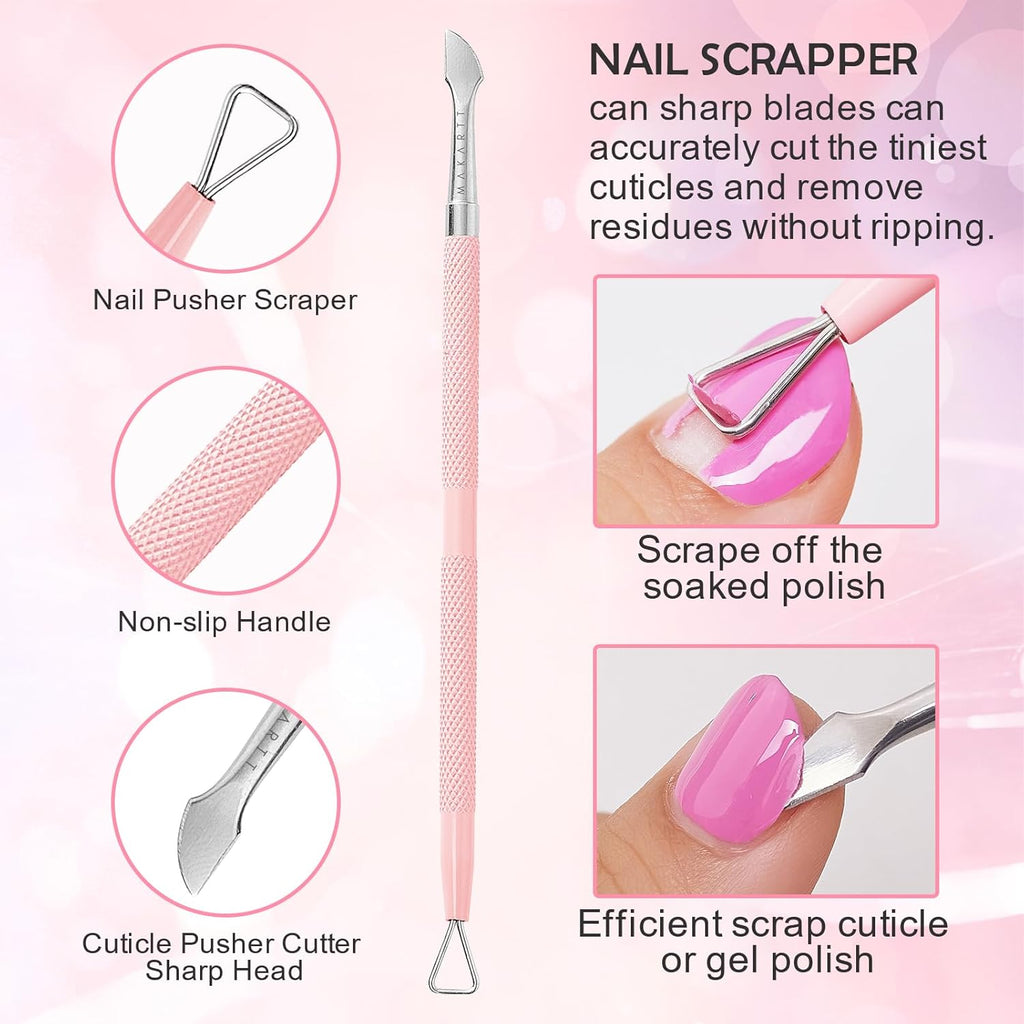 Makartt Cuticle Pushers, 2Pcs Stainless Steel Dual Ended Cuticle Remover with Spoon Pusher, Cutter, Scraper & Dead Skin Fork, Pink Manicure Pedicure Nail Care Kit