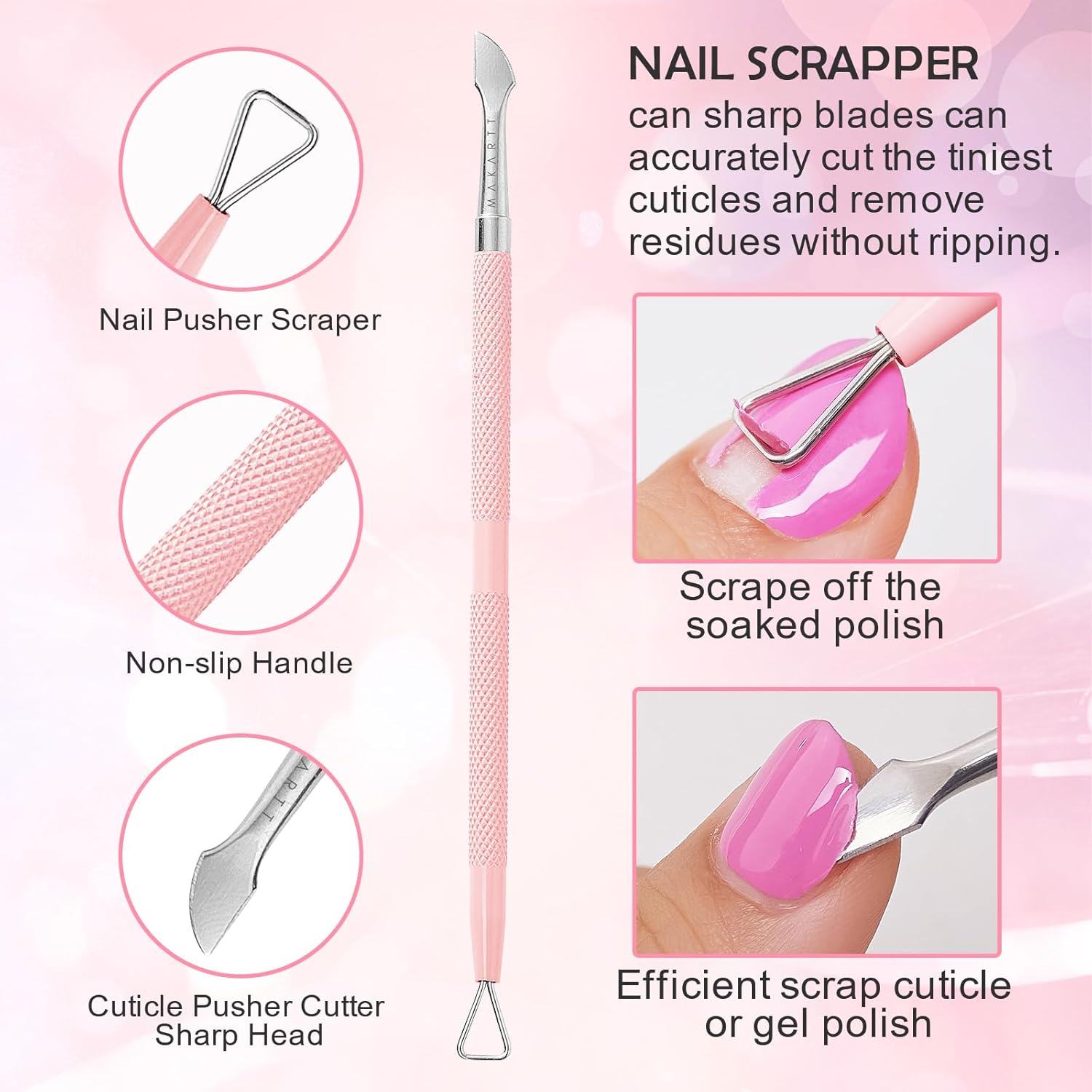 Makartt Cuticle Pushers, 2Pcs Stainless Steel Dual Ended Cuticle Remover with Spoon Pusher, Cutter, Scraper & Dead Skin Fork, Pink Manicure Pedicure Nail Care Kit
