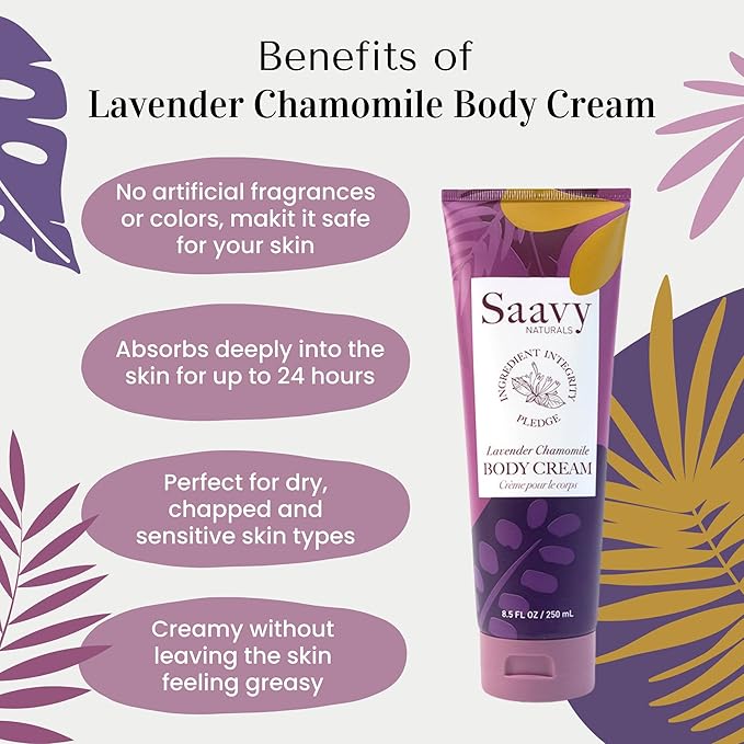 Saavy Naturals Lavender Chamomile Body Cream for Women, Absorbent Shea Butter Vegan Formula for Women, Thick and Creamy, Naturally Scented Body Butter for Dry Skin, 8.5 Oz, 2 Pack