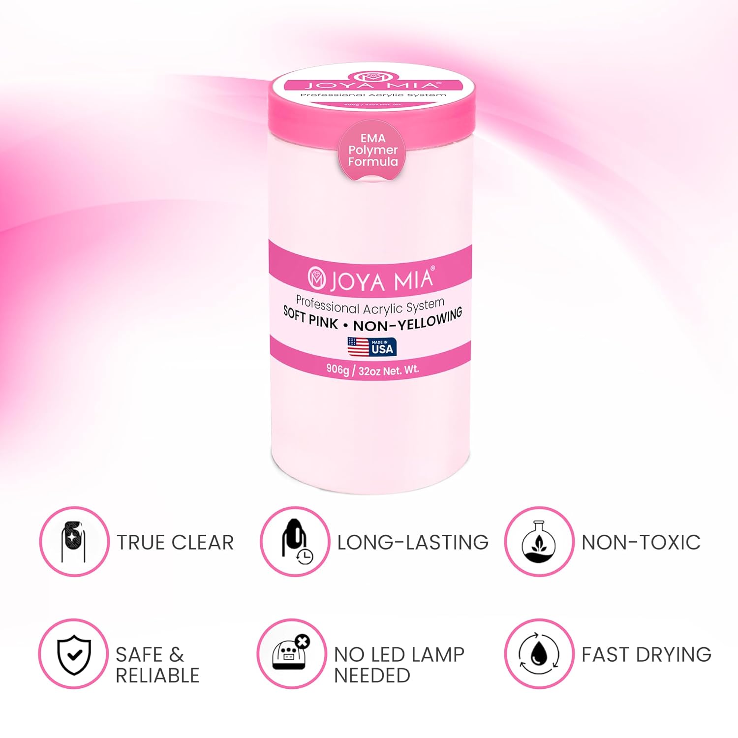 Joya Mia Acrylic Powder for Nails, MMA-Free, Super Adhesion Professional Powder for Flawless & Long-Lasting Nail Enhancements, Easy Application, Vibrant & Stunning Colors - Soft Pink, 32 oz