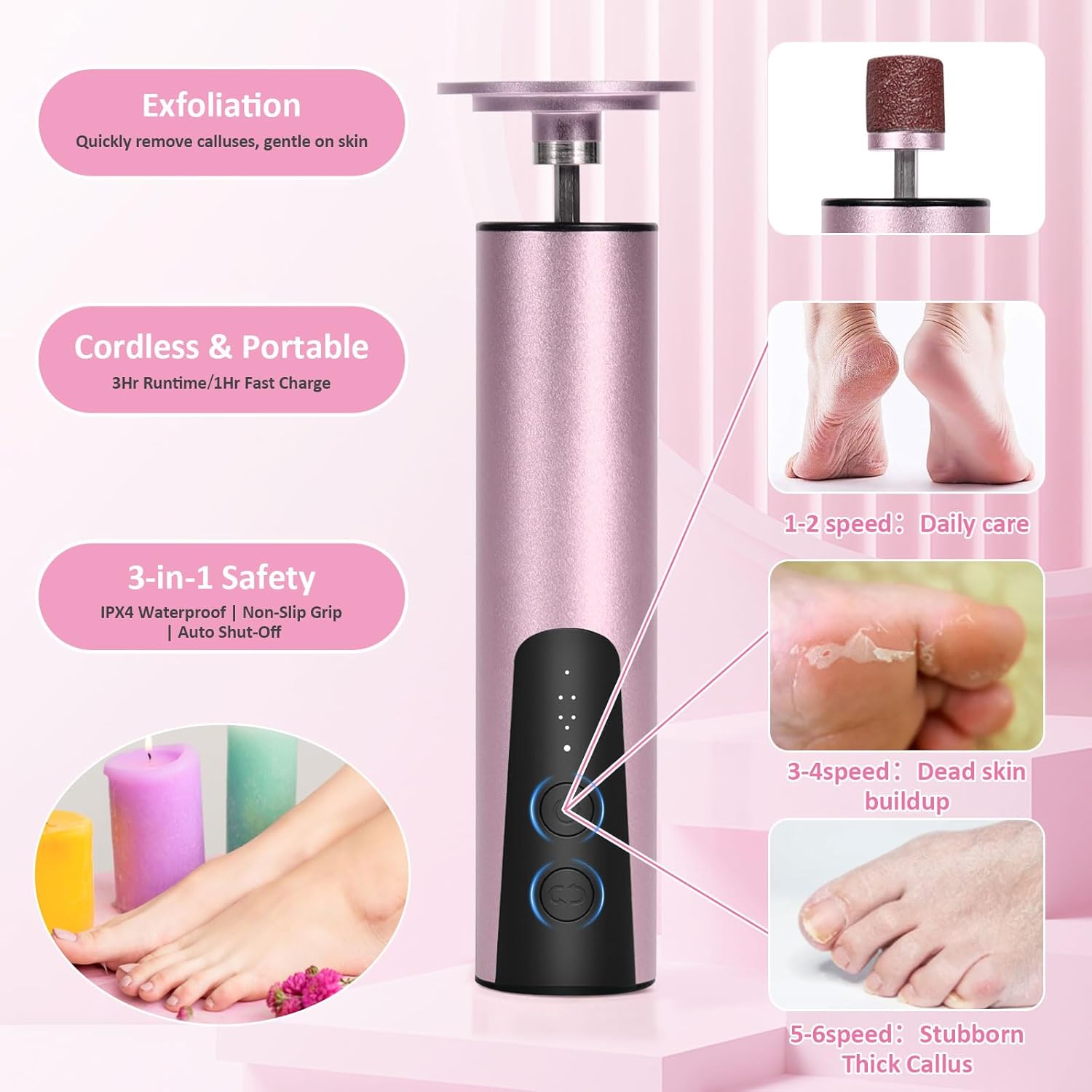 Upgraded Wireless Electric Callus Remover for Feet, 6-Speed 2-in-1 Rechargeable Foot File Callus Remover with USB Charging & 3 Types of Sandpaper, Dead Skin Remover for Dry Cracked Heels (Pink)