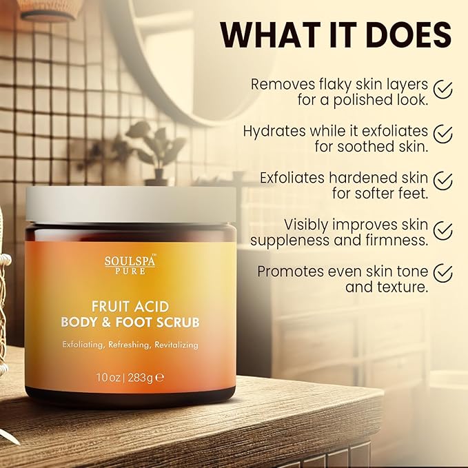 Fruit Acid Body & Foot Scrub - Refreshing Exfoliating Body Scrub for Radiant Skin, 10 oz