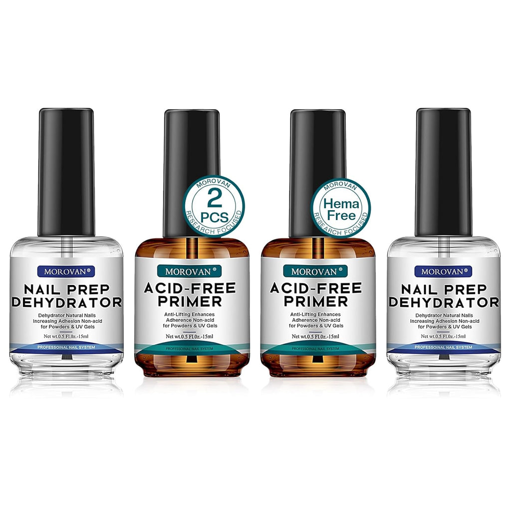 Morovan Nail Prep Dehydrator and Primer, Natural 4 PCS Dehydrator & Acid-Free Bond Primer for Acrylic Powder U V Extension Gel Nail Supplies Set