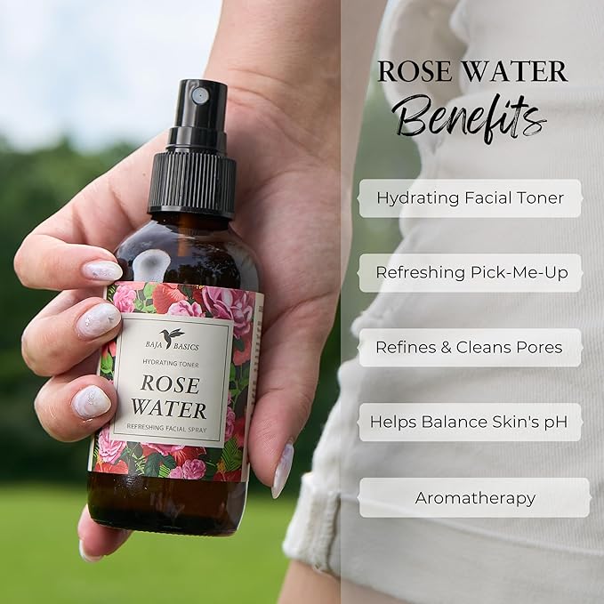 Rose Water Spray Facial Toner by Baja Basics for Skin, Hair and Aromatherapy Large 4oz
