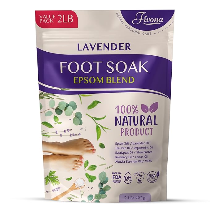 Foot Soak Epsom Salt with Lavender - Value Pack - 2 LB - Calming Foot Bath Salt, Relax & Renew Tired Feet, Soothe Soreness, Soften Calluses - Rejuvenating Pedicure Spa at Home