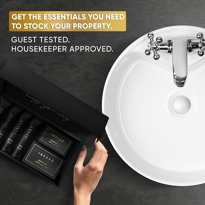 Infuse Black Amenity & Accessory Kit | 1 oz Travel Size Shampoo, Conditioner, Lotion, Body Wash, Body Bar, 2 Cleansing Bar, Shave & Dental Sets, Make-Up Remover Wipes, & Vanity Kit | 1 set per case