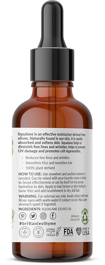 Brittanie's Thyme Squalane Skin Moisturizing Oil 2oz | 100% Plant Derived Squalane for Face, Skin & Hair | Luxurious Formula, Lightweight Formula for Hydration