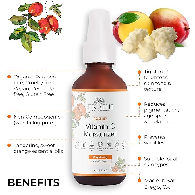 Vitamin C Face & neck moisturizer, Dark Spot Remover, Vit C Serum w Hyaluronic Acid, Rosehips, Noni, Amalaki, Orange, Acerola Cherry, Mango Butter- Anti Aging & Skin Brightening - Ayurvedic
