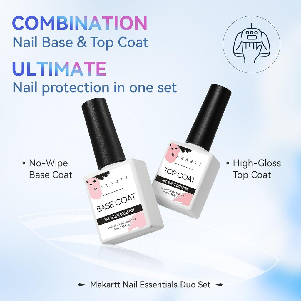 Makartt 2 Pcs Gel Top Coat and Base Coat Set - No Wipe Shine Finish Soak Off Base Top Coat Long Lasting for Gel Nail Polish, LED UV Lamp Need, Salon Quality Nail Manicure Gifts, 10ML