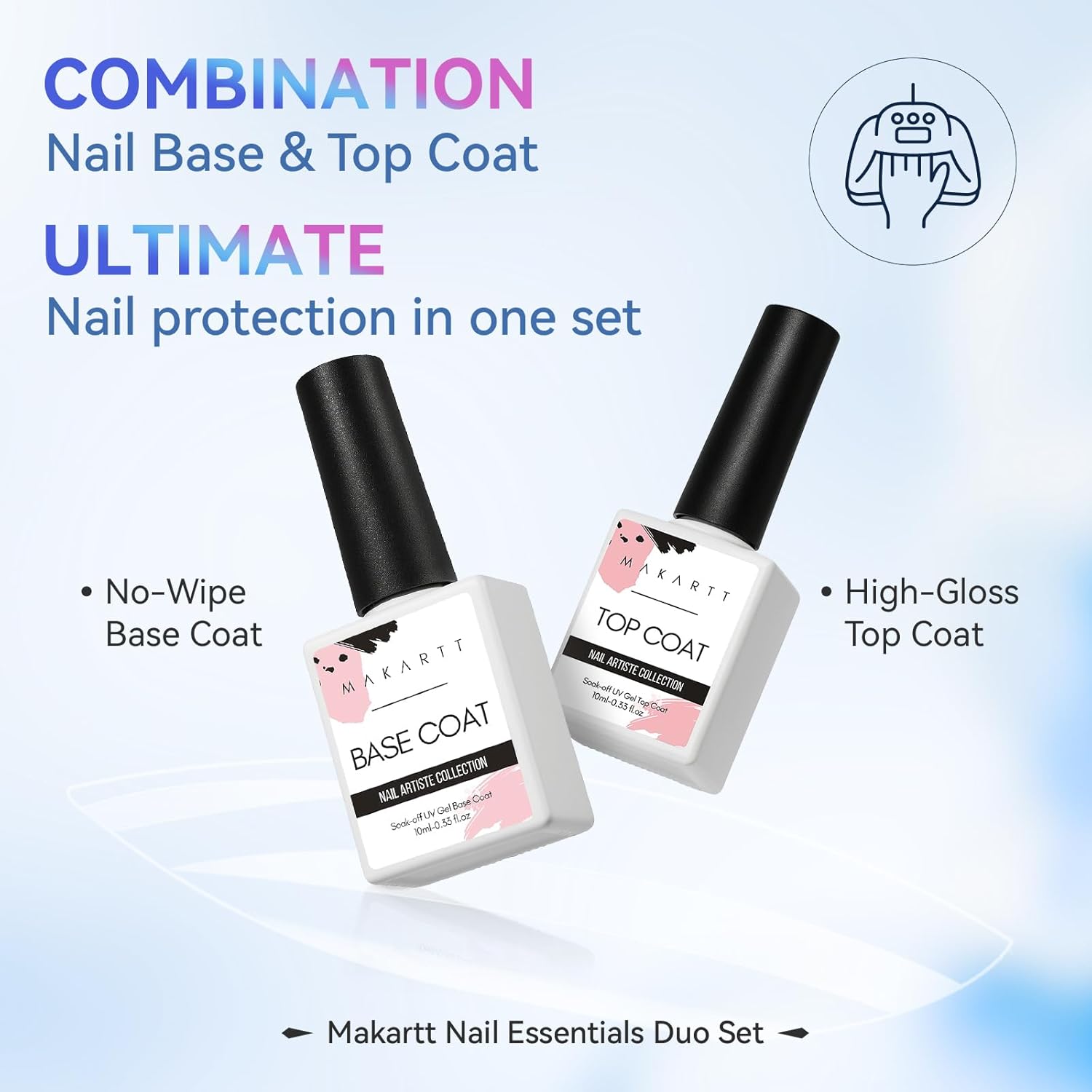 Makartt 2 Pcs Gel Top Coat and Base Coat Set - No Wipe Shine Finish Soak Off Base Top Coat Long Lasting for Gel Nail Polish, LED UV Lamp Need, Salon Quality Nail Manicure Gifts, 10ML
