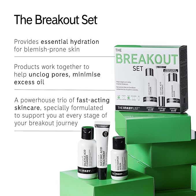 The INKEY List Acne Treatment Set – Salicylic Acid Cleanser, Niacinamide Serum & Succinic Acid Spot Treatment – Clears Acne, Breakouts & Blemishes – Skincare for Oily, Acne-Prone Skin
