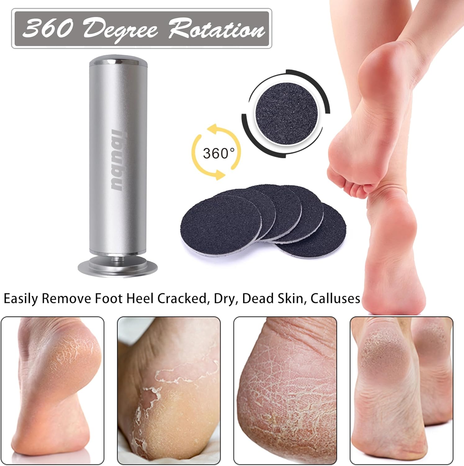 Electric Feet Callus Remover Professional Powerful Foot File Pedicure Grinder Sanders with 60PCS Replacement Sandpaper Discs Heel Scraper for Dead Dry Crack Skin Calluses Speed Adjustable Silver