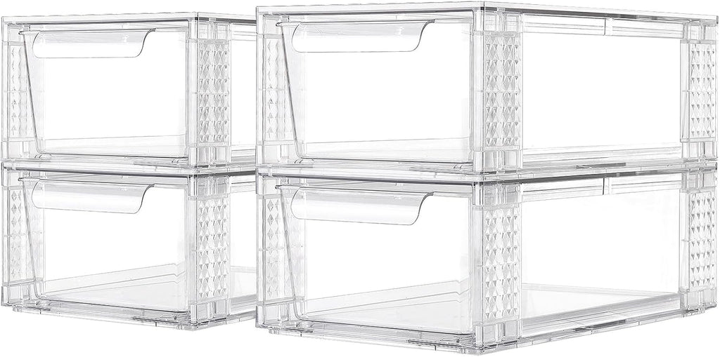 4 Pack Clear Stackable Storage Drawers, 3.95" H Easily Assemble Acrylic Organizer Bins - Multi-Use for Make up, Closet, Pantry, Bathroom, Medicine, Kitchen Cabinet & Undersink Organization