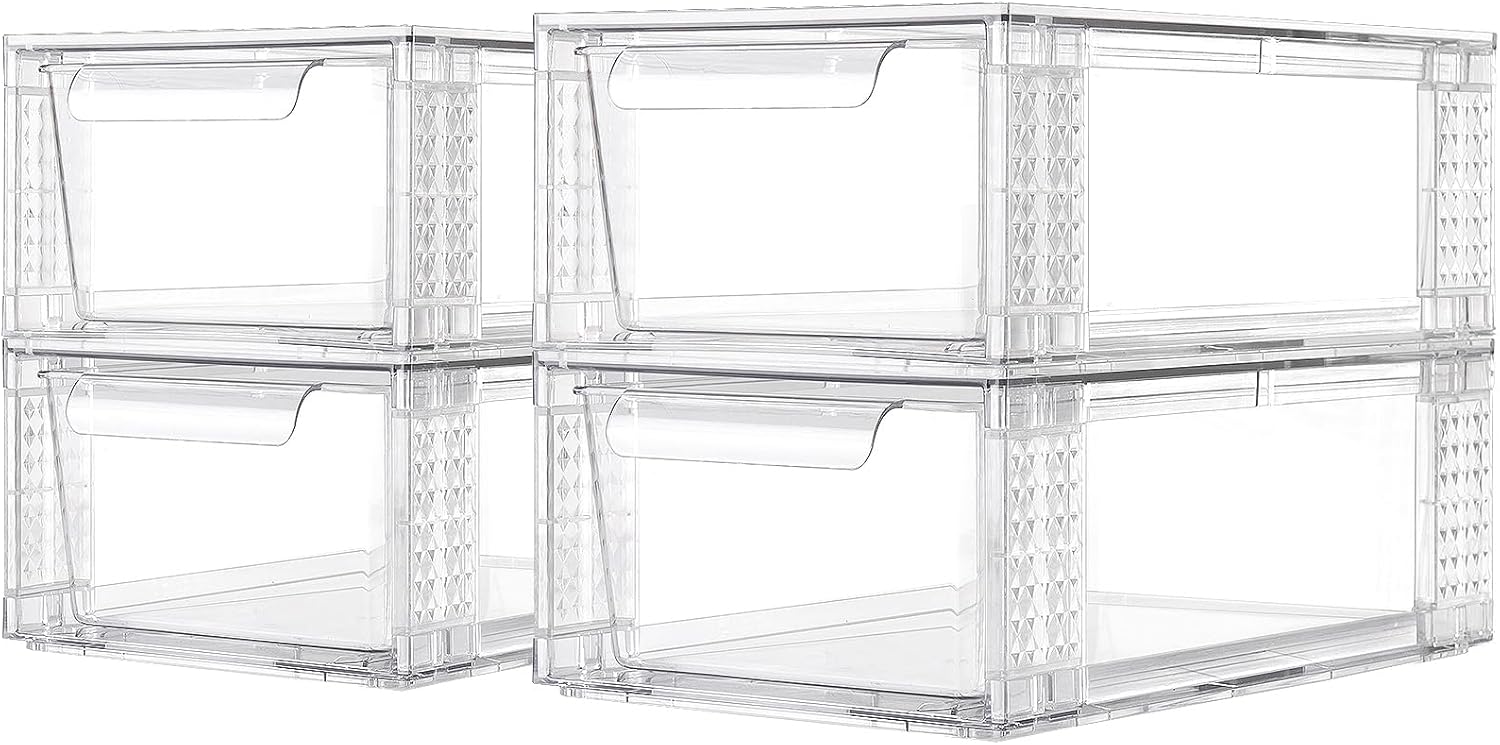 4 Pack Clear Stackable Storage Drawers, 3.95" H Easily Assemble Acrylic Organizer Bins - Multi-Use for Make up, Closet, Pantry, Bathroom, Medicine, Kitchen Cabinet & Undersink Organization