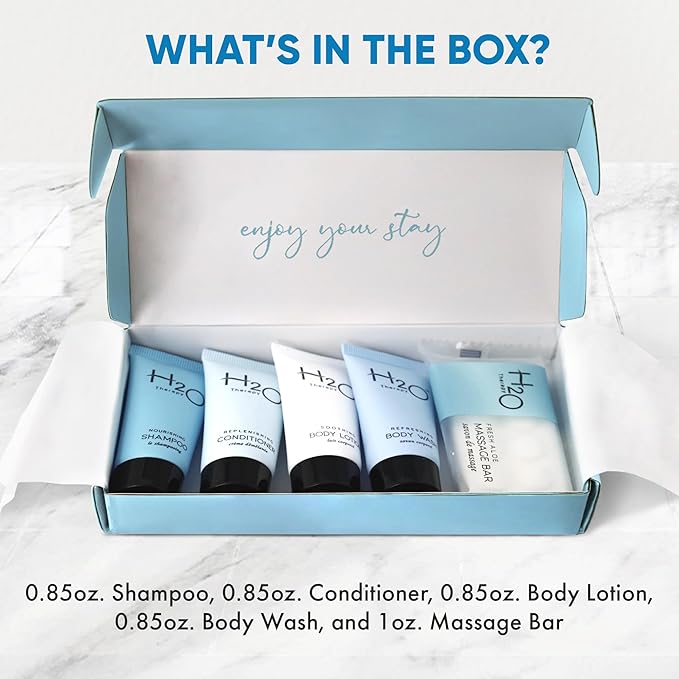H2O Therapy Amenity Kit | Hotel Bulk Toiletries | 0.85 oz Shampoo, Conditioner, Lotion, Body Wash, Body Bar Soap for Guest Hospitality Vacation Rentals | 1 Set/Case