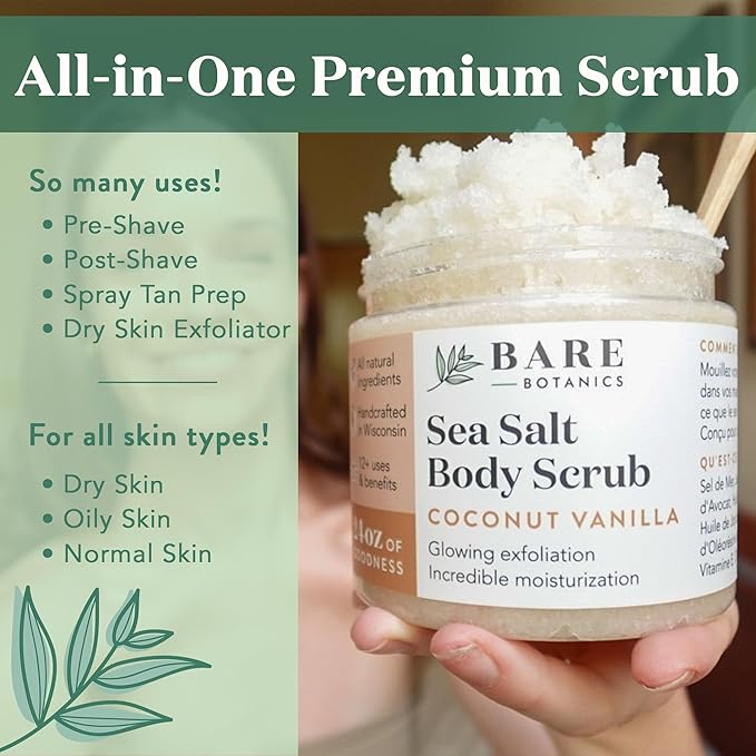 Bare Botanics Bergamot Mint Body Scrub 24oz | Made in Madison, WI | All Natural Sea Salt Exfoliator w/ Skin Loving Moisturizers | Vegan & Cruelty Free | Gift Ready Packaging w/ a Cute Wooden Spoon