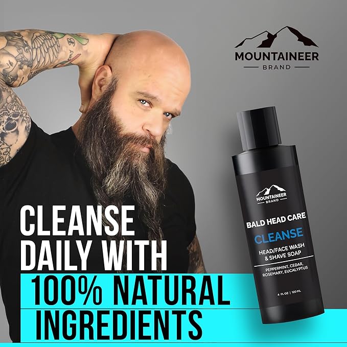 Mountaineer Brand Natural Bald Head Shampoo with Fresh & Natural Scent | Daily Scalp & Face Soap Wash | Bald Head Care for Men | Made in West Virginia | Cleanse | 4oz
