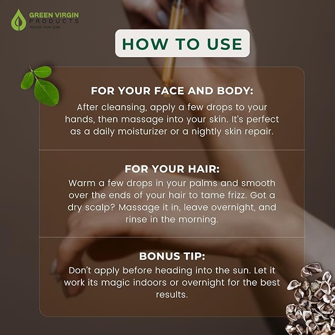 Organic Moringa Oil, Cold Pressed, Extra Virgin, 100% Pure, Food Grade