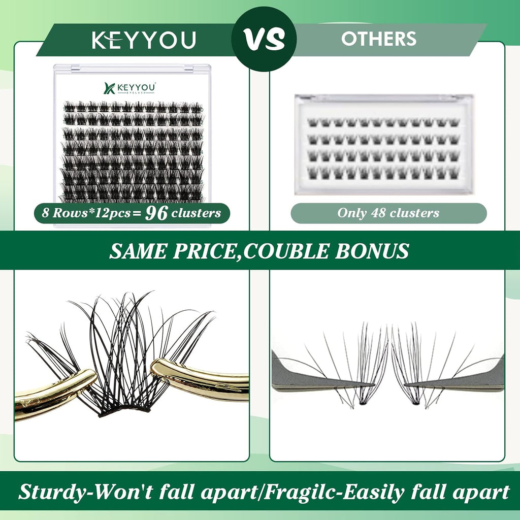 Lash Clusters 96pcs Individual Lashes Y08 D Curl 14mm Cluster Lashes KEYYOU Volume Wispy Lash Extension Soft&Comfortable Easy DIY at Home(Y08 D-14mm)