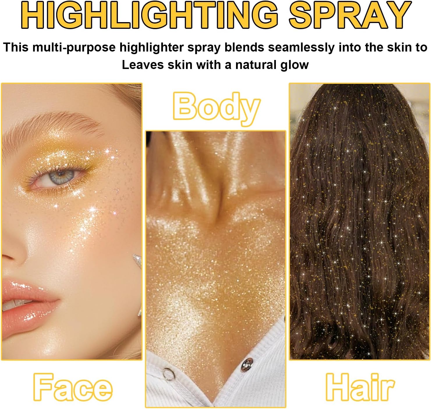 Hair and Body Glitter Spray, Shimmering Powder Sparkle Powder Makeup, Glitter Loose Sparkle Makeup for Body Highlighter,Festival Prom Rave Accessories (Gold)