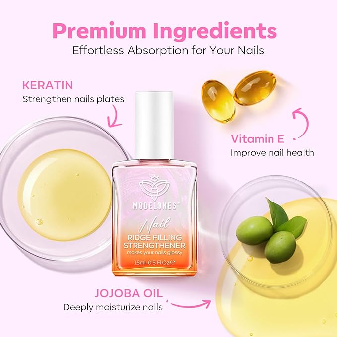 modelones Nail Strengthener Ridge Filler for Nails Repair Kits Pearl Pink White Nail Polish for Thin Weak & Damaged Nails Hardener for Nail Protection, Nail Care, 15ml