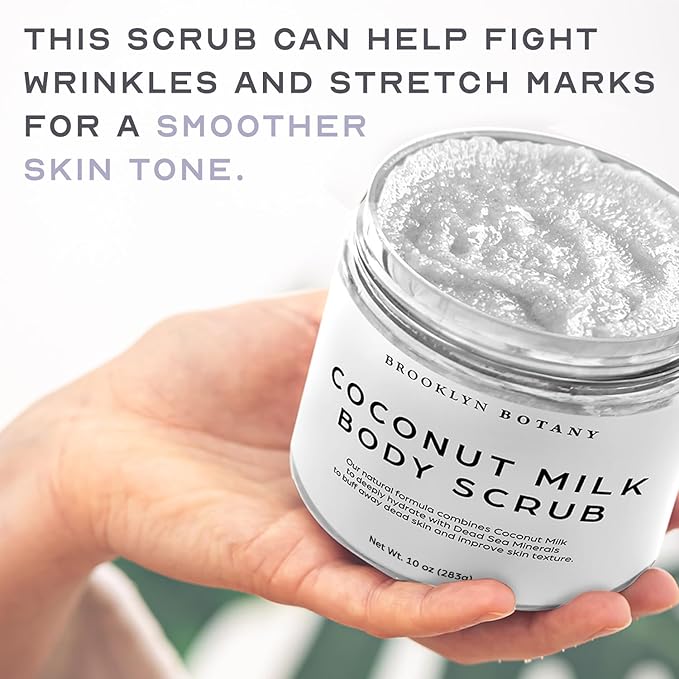 Brooklyn Botany Dead Sea Salt and Coconut Milk Body Scrub - Moisturizing and Exfoliating Body, Face, Hand, Foot Scrub - Fights Stretch Marks, Fine Lines, Wrinkles - Great Gifts for Women & Men - 10 oz