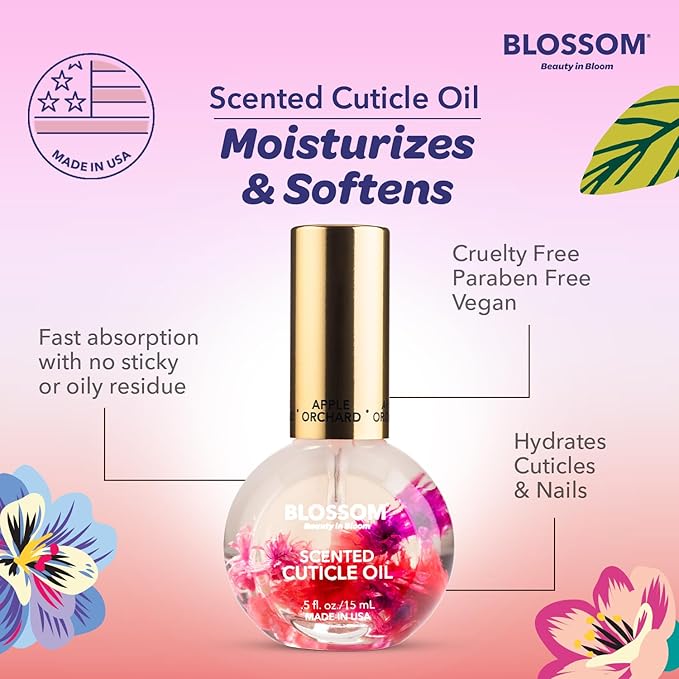 Blossom Cuticle Oil for Nails, Hydrating, Moisturizing, Scented Nail Oil Cuticle Care, Infused with Real Flowers, Made in USA, 0.5 fl. oz, Apple