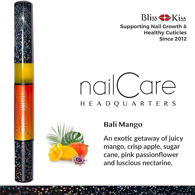 Cuticle Oil Pen for Nails - Nail Strengthener & Growth Oil and Serum for Damaged Nails, Hangnails w/Jojoba cuticle oil—Bali Mango Fragrance - Holographic Glitter Pens 4-Pack