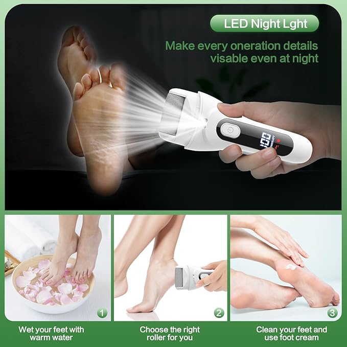 Electric Foot Callus Remover, LED Light & Display Electric Foot File, Rechargeable Waterproof Electric Foot Filer, 3 Replacement Rollers & USB-C Charging Foot Sanders for Feet White