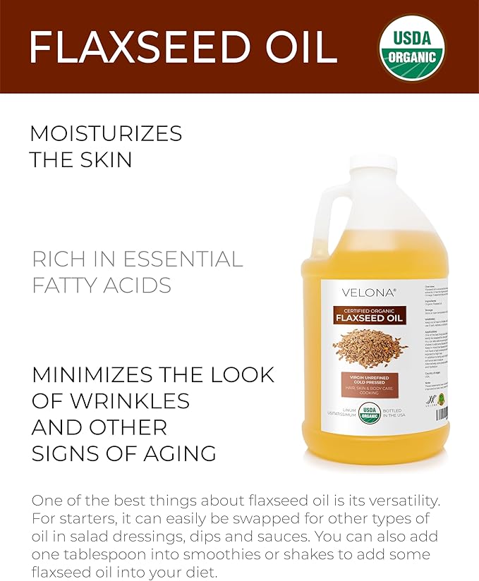 velona USDA Certified Organic Flaxseed Oil - 64 Fl Oz | 100% Pure and Natural Carrier Oil | Unrefined, Cold Pressed |Body, Face & Skin Care | Use Today - Enjoy Results…