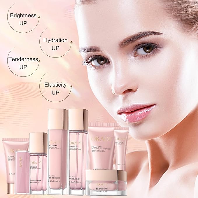 8-in-1 Skincare & Makeup Gift Set with Antioxidant Complex – Cleanser, Toner, Lotion，Serum, Eye Cream，BB Cream & Velvet Lip Color – Hydrating Routine for All Skin Types, Daily Glow Essentials ﻿