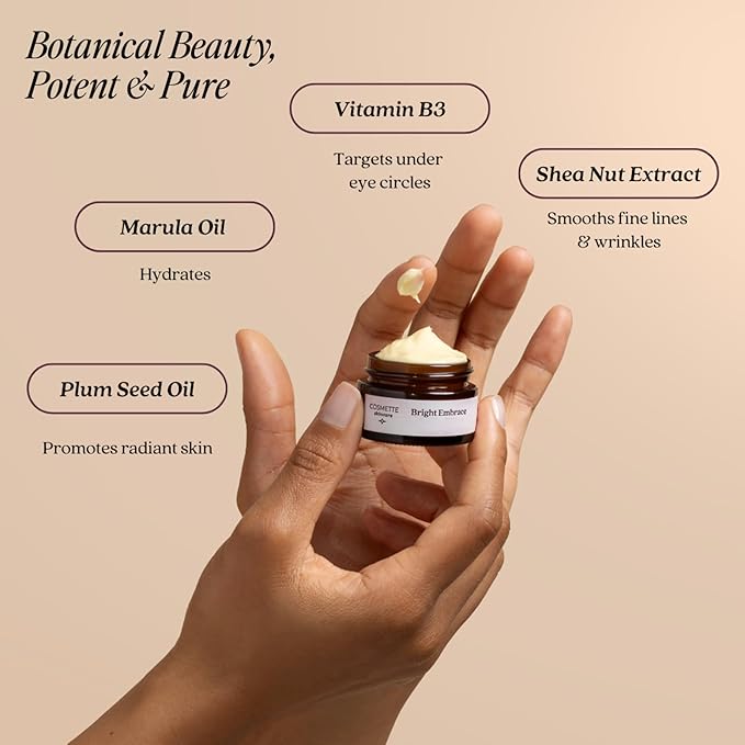 Cosmette Bright Embrace Vitamin B3 Eye Cream, Vegan Under Eye Butter for Protection & Hydration With Marula & Plum Oils, Gentle Serum for Sensitive Skin, Natural Skincare, 0.5 FL Oz