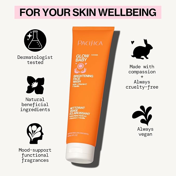 Pacifica Glow Baby Brightening Facial Cleanser 5oz – Vitamin C & Glycolic Acid (AHA) Face Wash for Radiance – Daily Cleanser for Anti-Aging Exfoliating for Smooth, Even Glowing Skin Vegan Clean Beauty