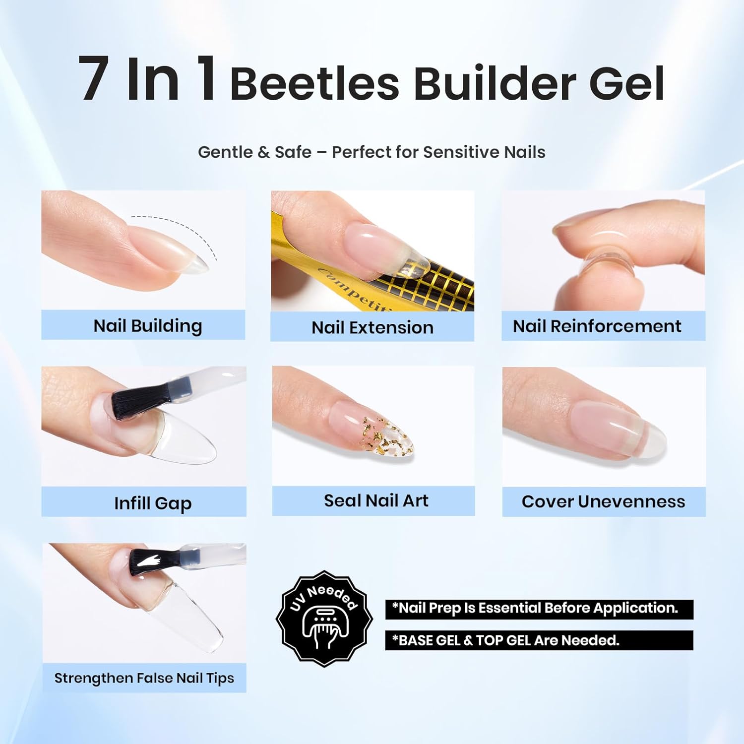 Beetles Builder Gel Set,Dew Glow 2 Pcs 0.5 oz 8 in 1 Nail Strengthening Apex Building Nail Extension for Beginner DIY Salon at Home,Clear Builder Nail Gel for Nails,Fall Nails,UV & LED Lamp Needed