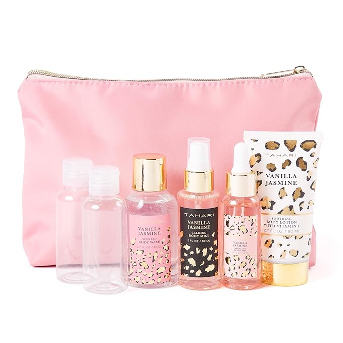 Tahari Vanilla Jasmine Spa Gift Set for Women – Luxurious Bath Kit with Body Lotion, Body Wash & Body Mist & Oil – Perfect Selfcare Gifts for Women (Leopard)