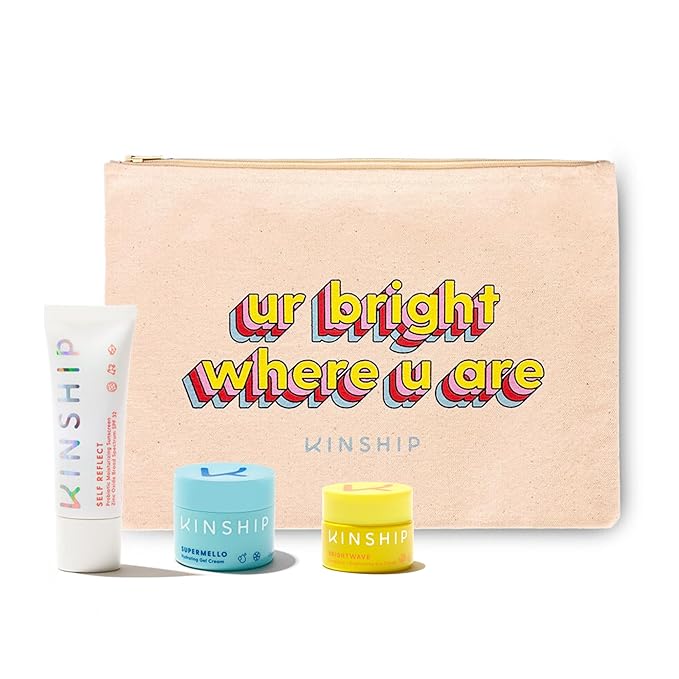 Kinship Gift Bundle - Self Reflect SPF, Supermello Moisturizer, Brightwave Vitamin C Eye Cream + Cosmetic Bag - 100% Mineral Sunscreen, Gel Cream + Hyaluronic Acid, Reduce Fine Lines + Under Eye Bags