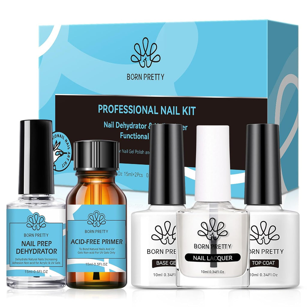 Born Pretty Nail Dehydrator and Primer, Nail Prep Dehydrator Acid Free Nail primer, Cuticle Oil for Nails, Base and Top Gel Coat Nail Supplies Functional Nail Set 5PCS